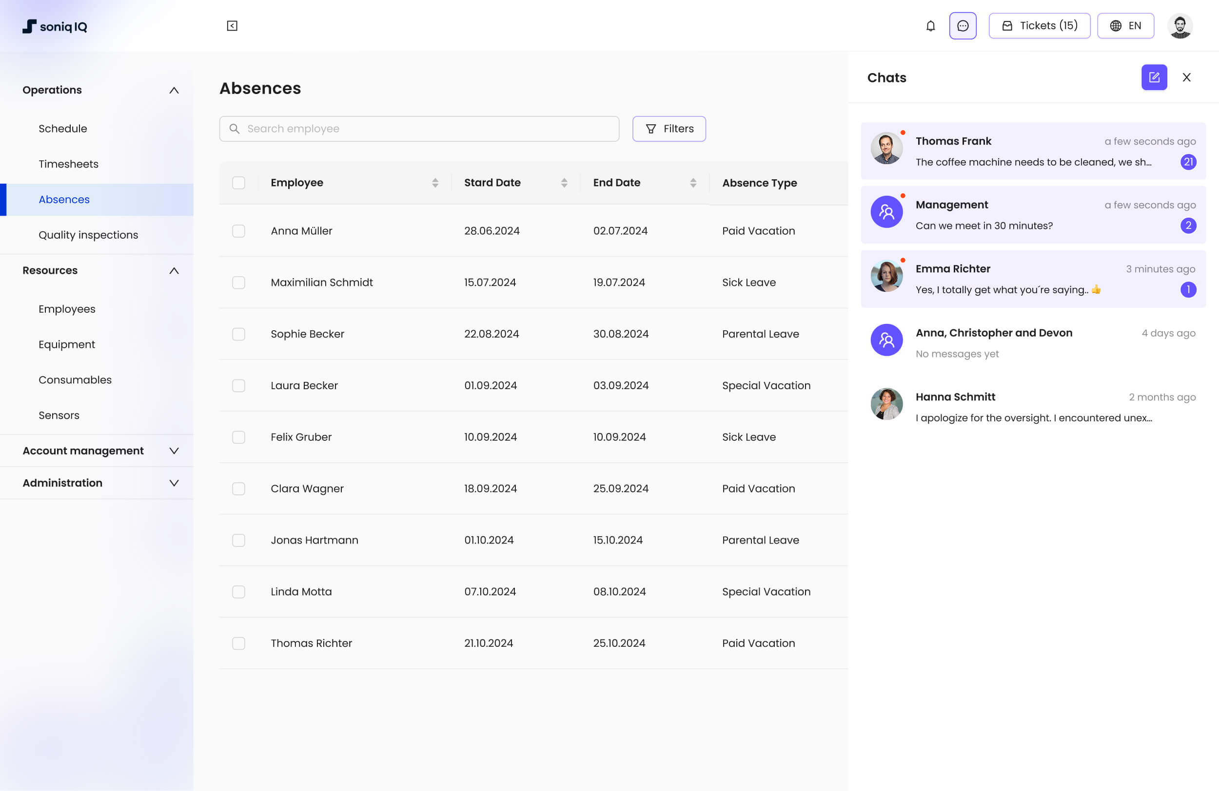 Soniq IQ absences screen with the new brand design