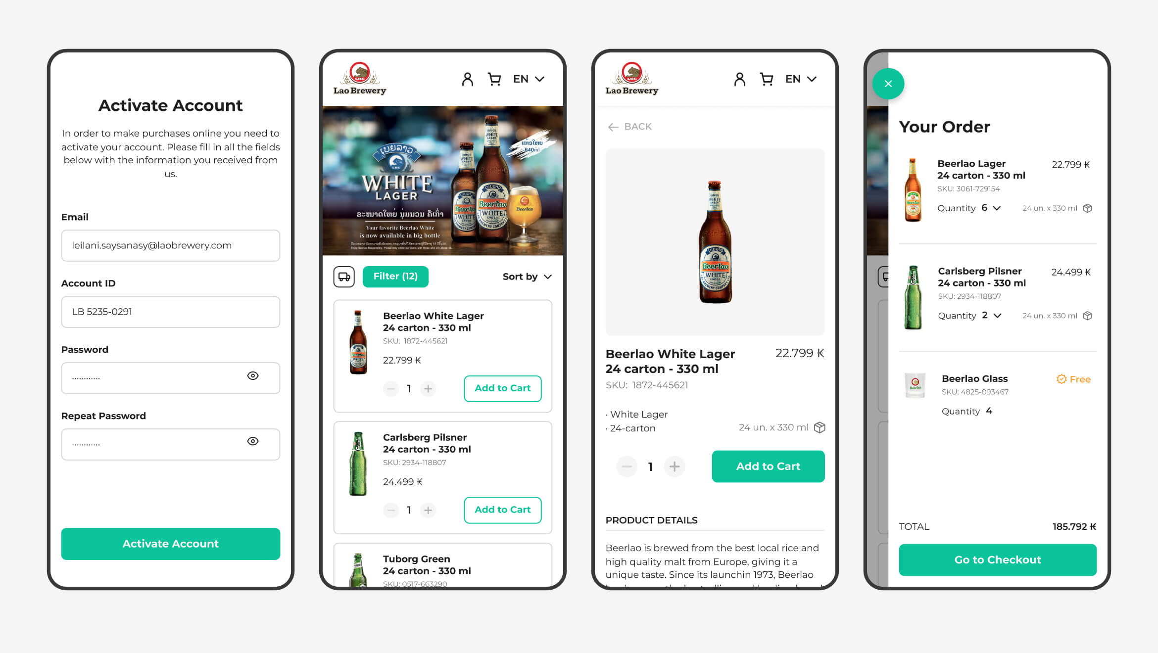 CS+ mobile screens showing account activation, catalogue, product detail and cart
