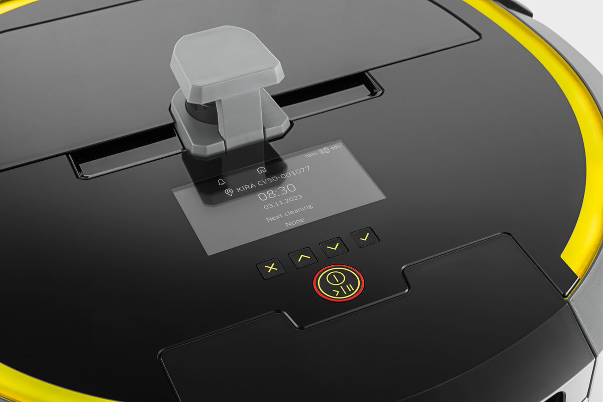 KIRA CV50 — Built-in HMI touchscreen interface KIRA CV50 robot with built-in HMI touchscreen displaying navigation controls