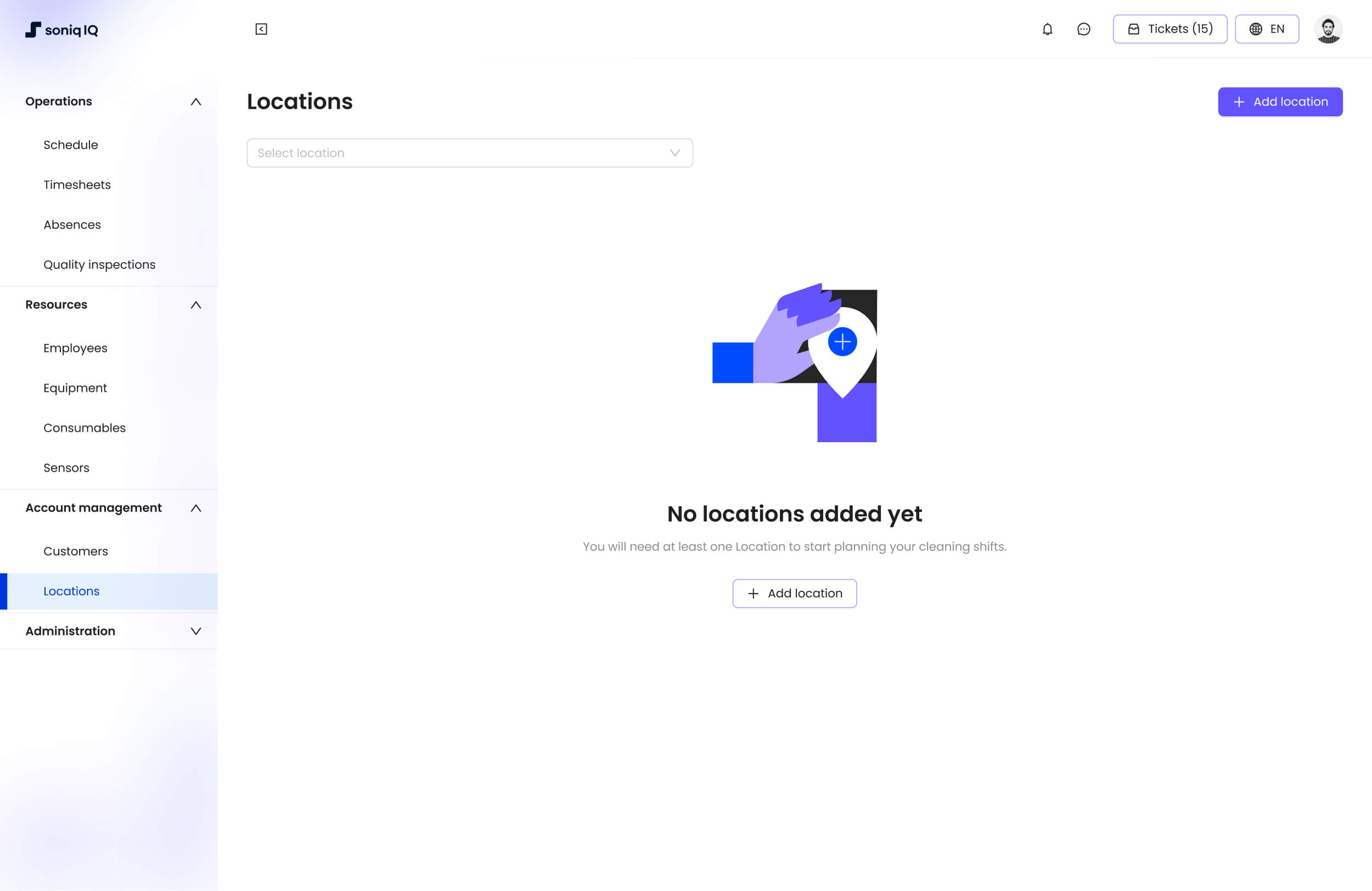 Soniq IQ location screen empty state with the new brand design