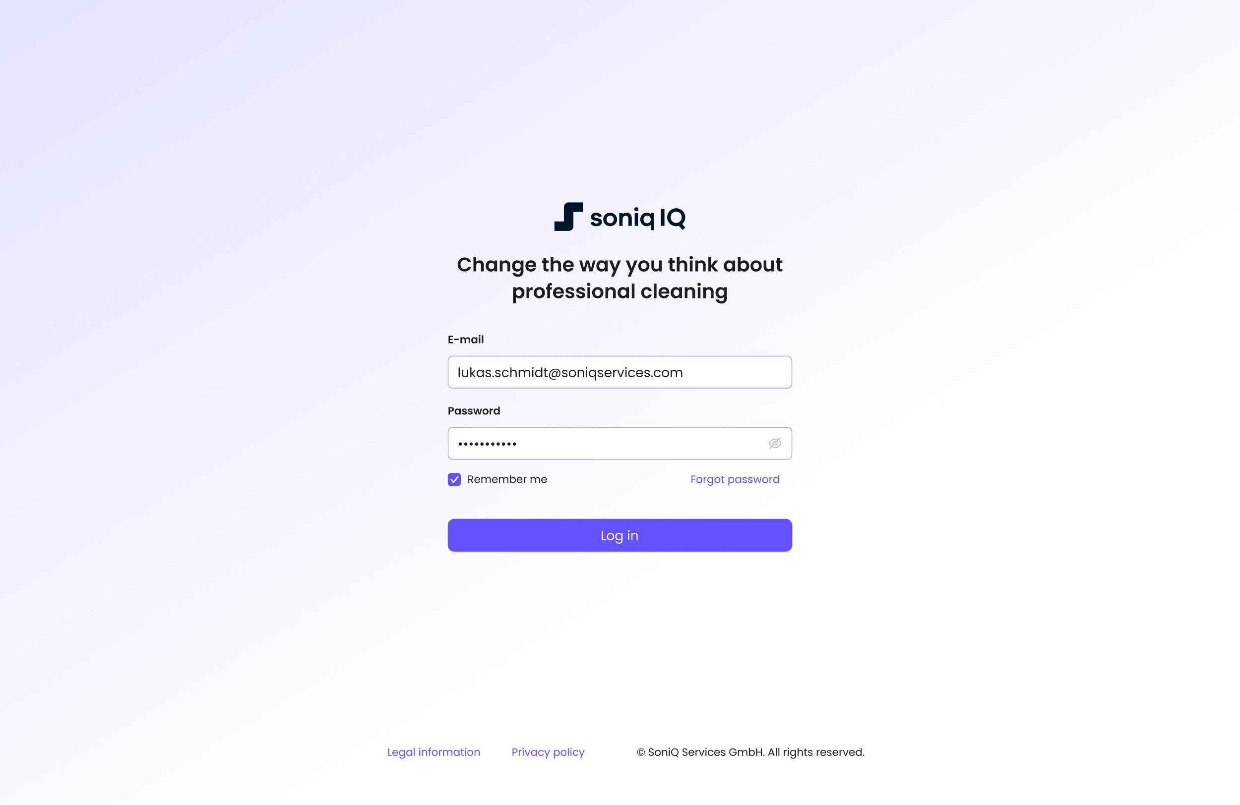 Soniq IQ login screen with the new brand design