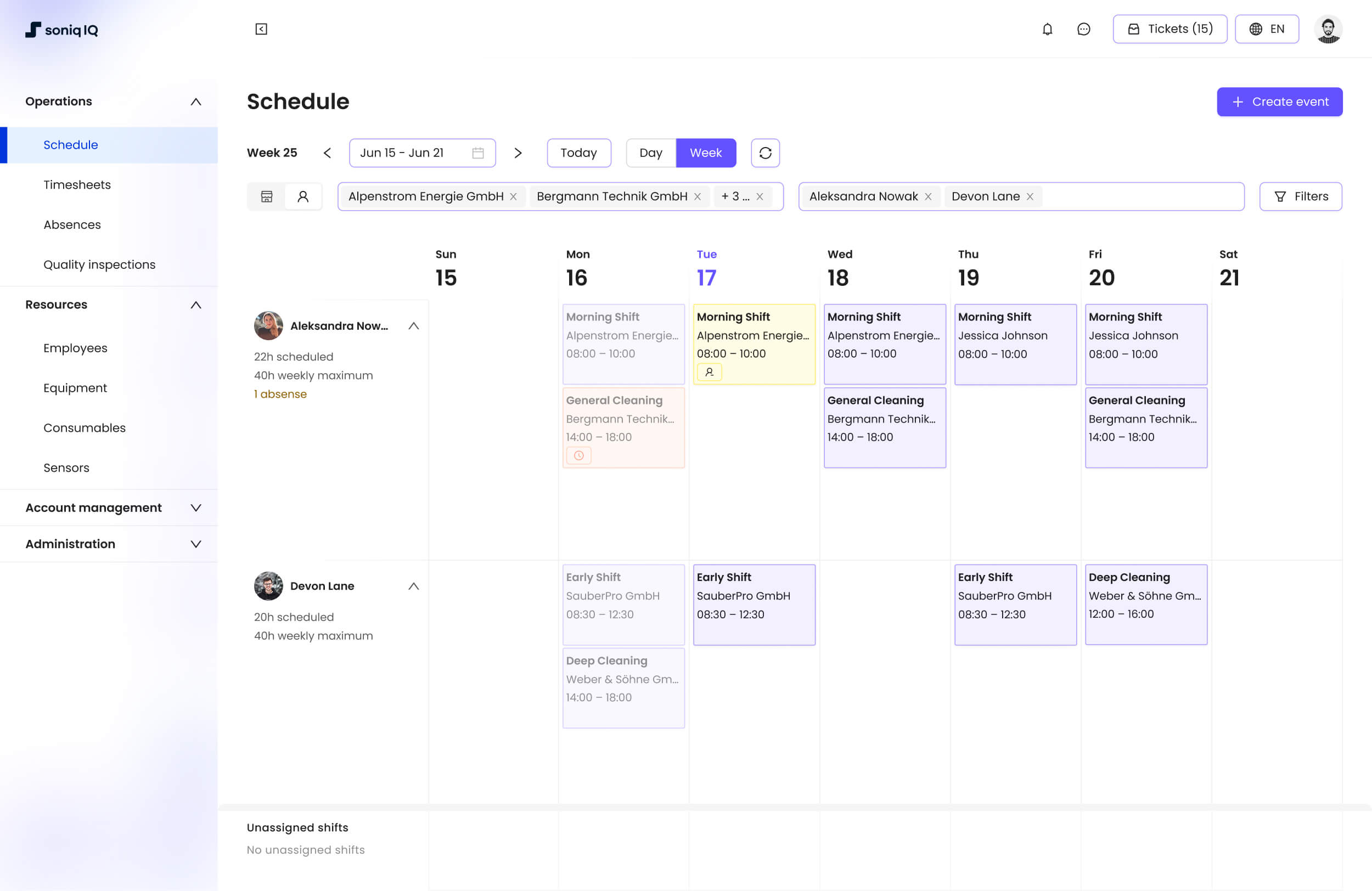 Soniq IQ schedule screen with the new brand design