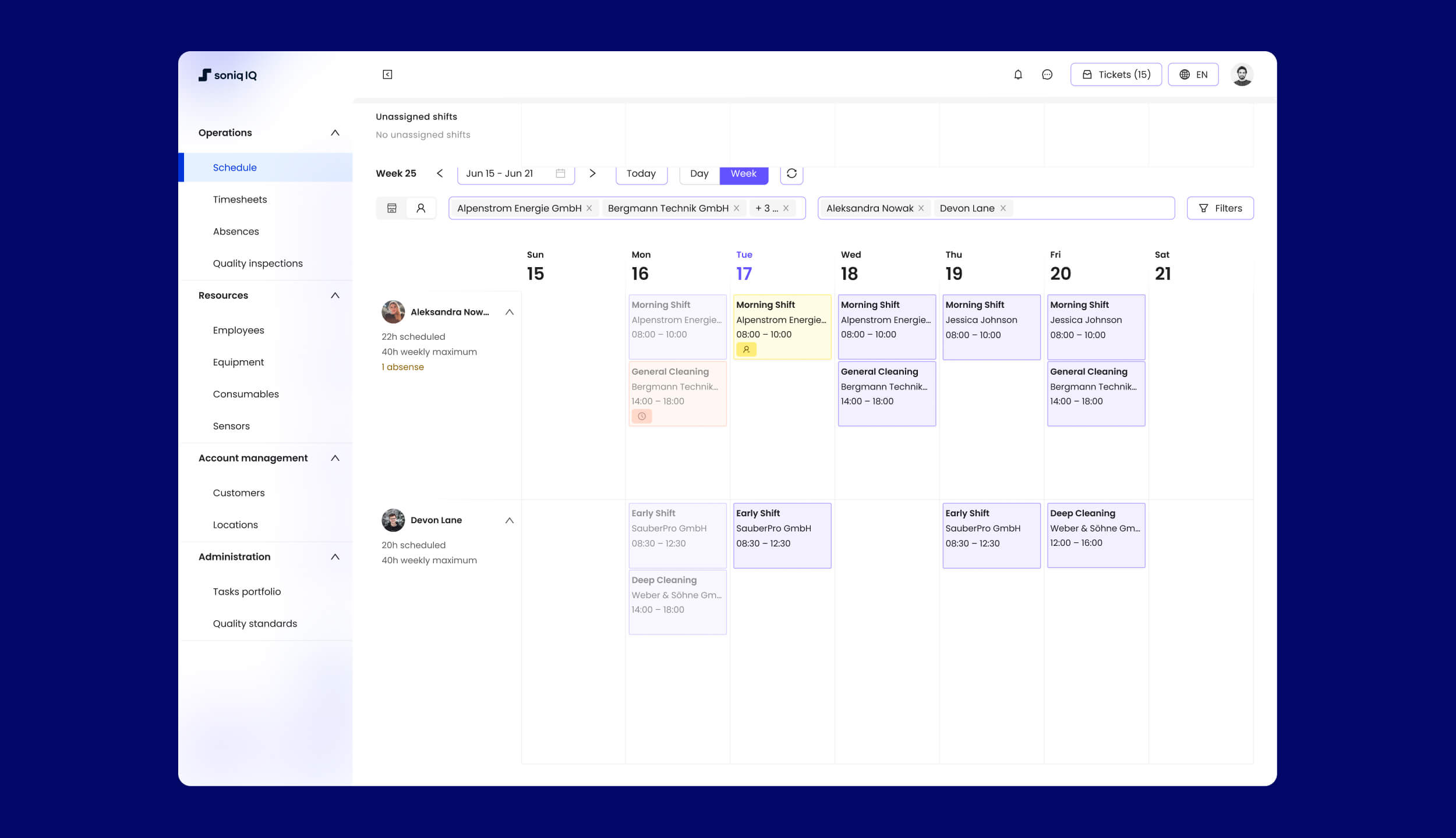 Soniq IQ schedule screen with the updated brand design