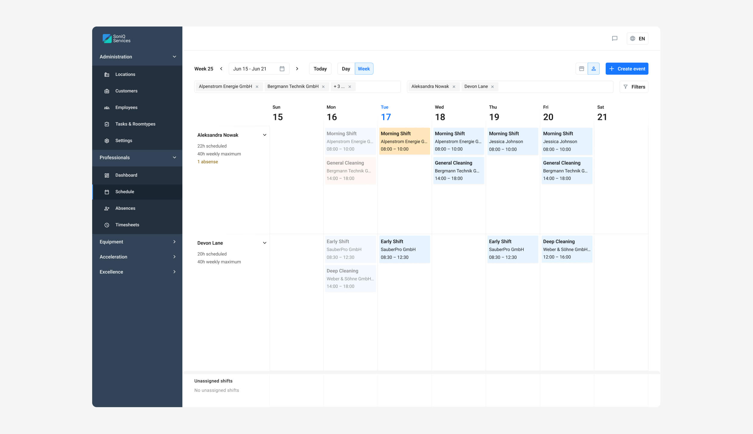 Soniq IQ schedule screen with the previous brand design