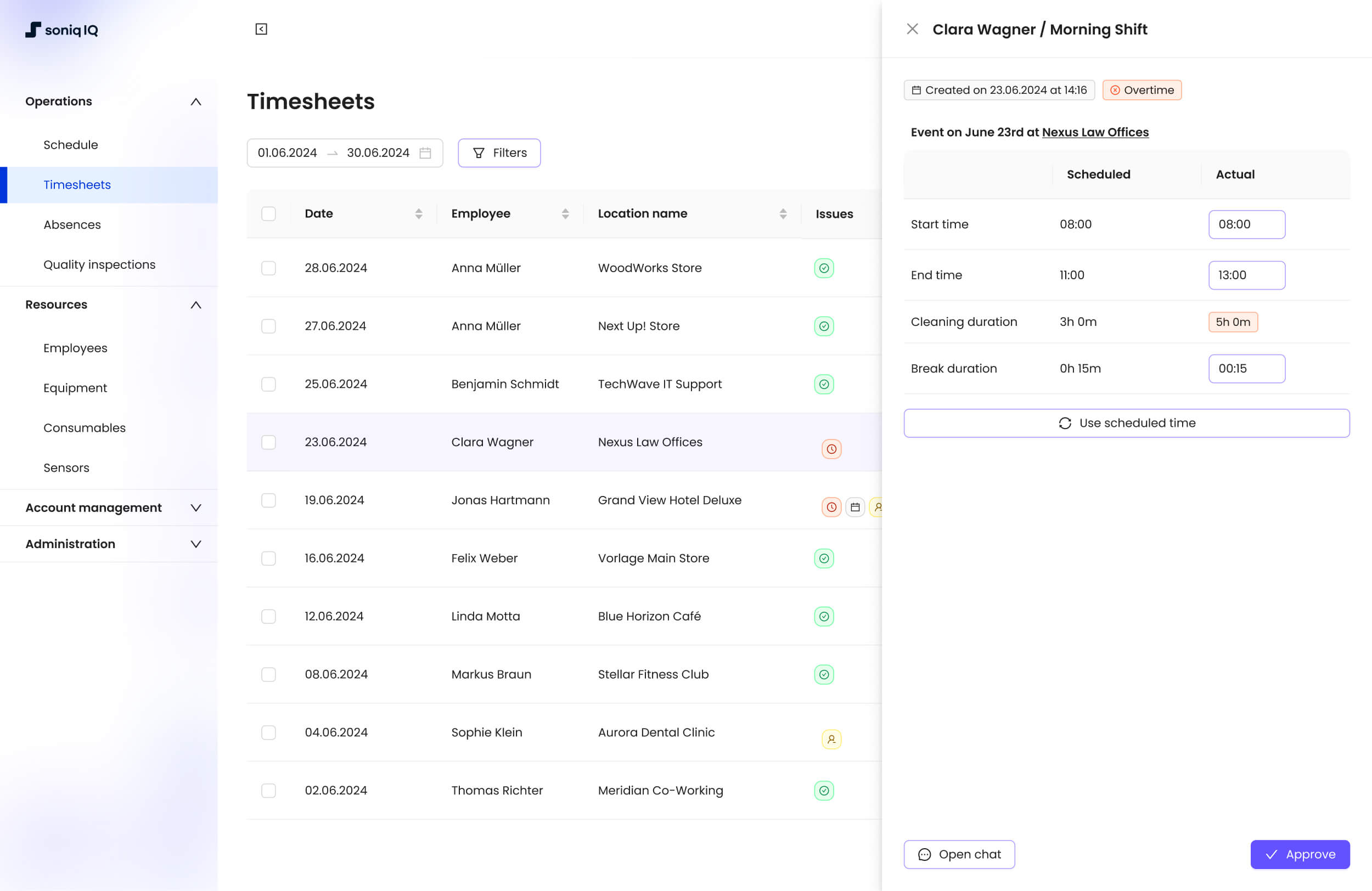 Soniq IQ timesheets screen with the new brand design